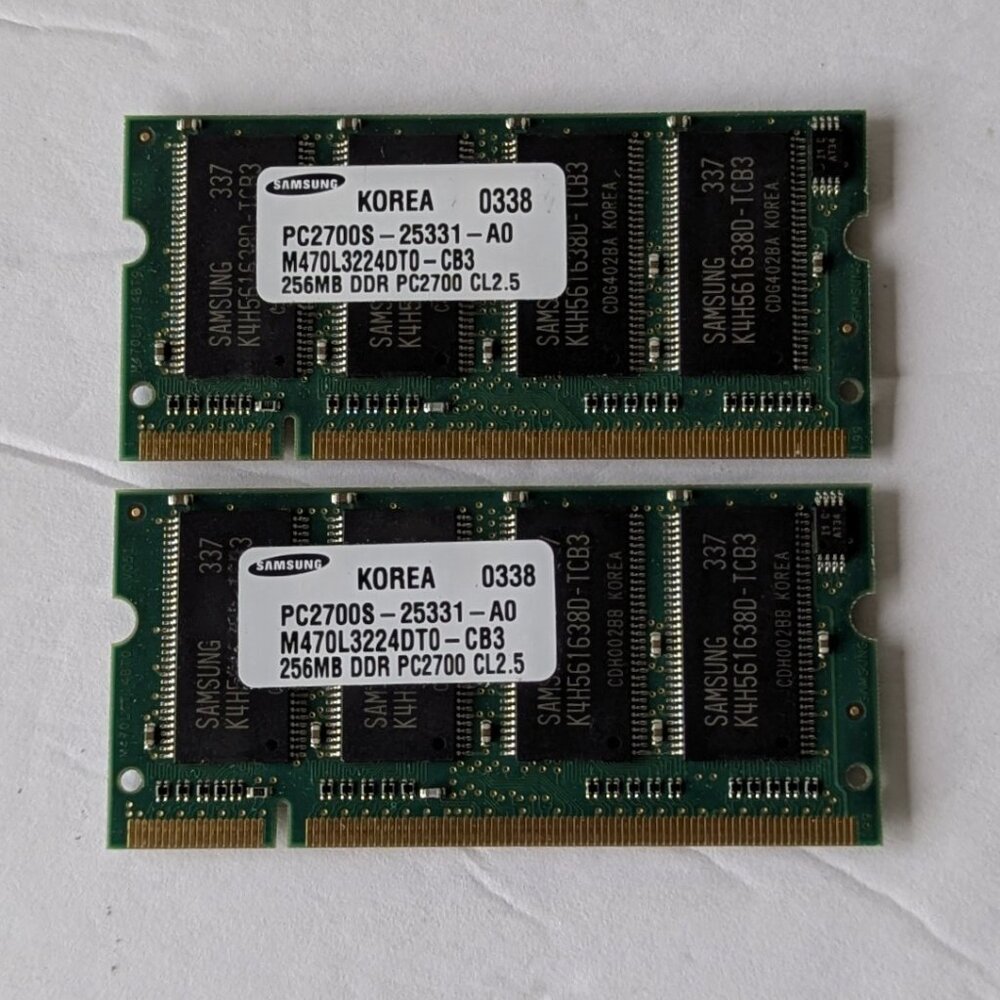 Two Samsung 256MB DDR PC2700S-25331-A0 333MHz  Memory M470L3224DT0-CB3 SoDimm
